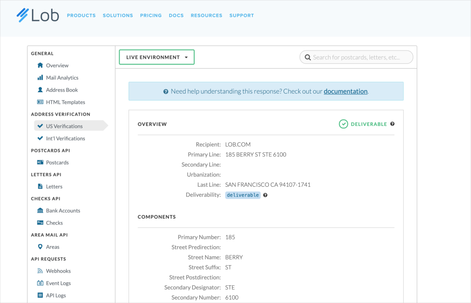 Lob Address Verification address deliverability results