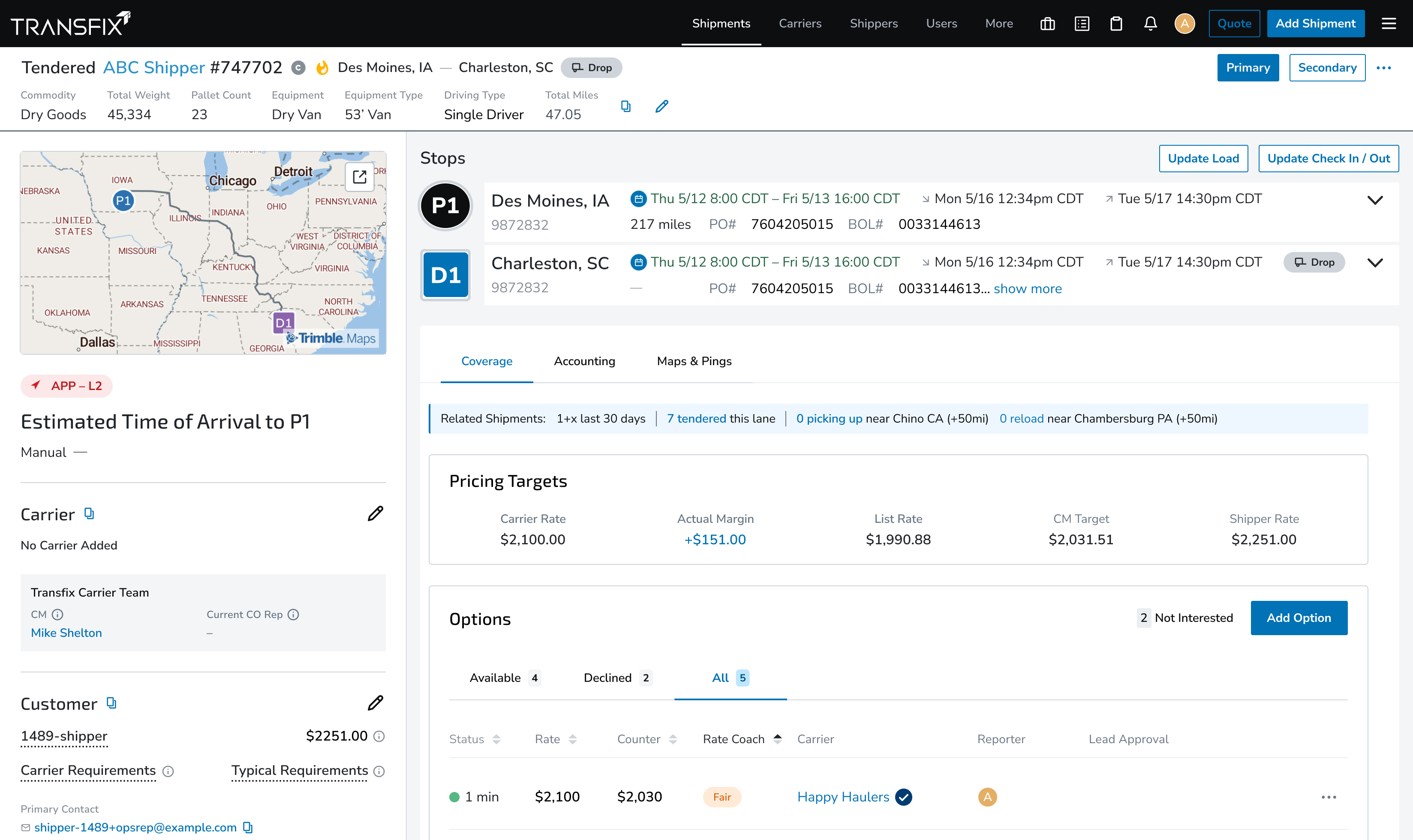 Transfix TMS screenshot: Shipment Details