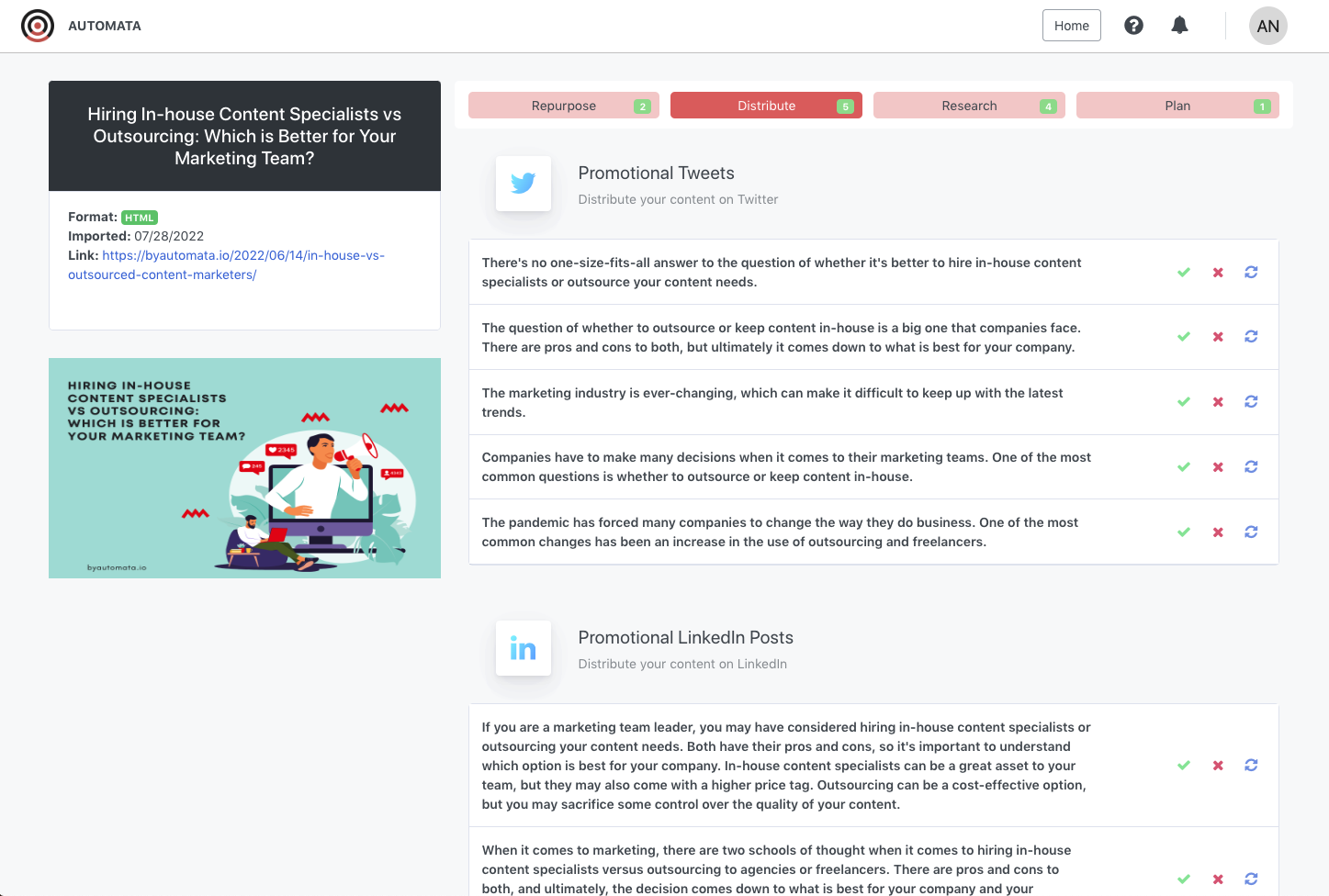 Review and use AI-generated text on Twitter and LinkedIn. Re-run the analysis as many times as you want and save your favorites so our platform can learn what works best for your brand.
