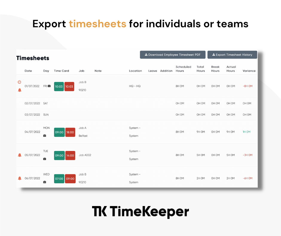 Export timesheets and time card breakdowns for your staff
