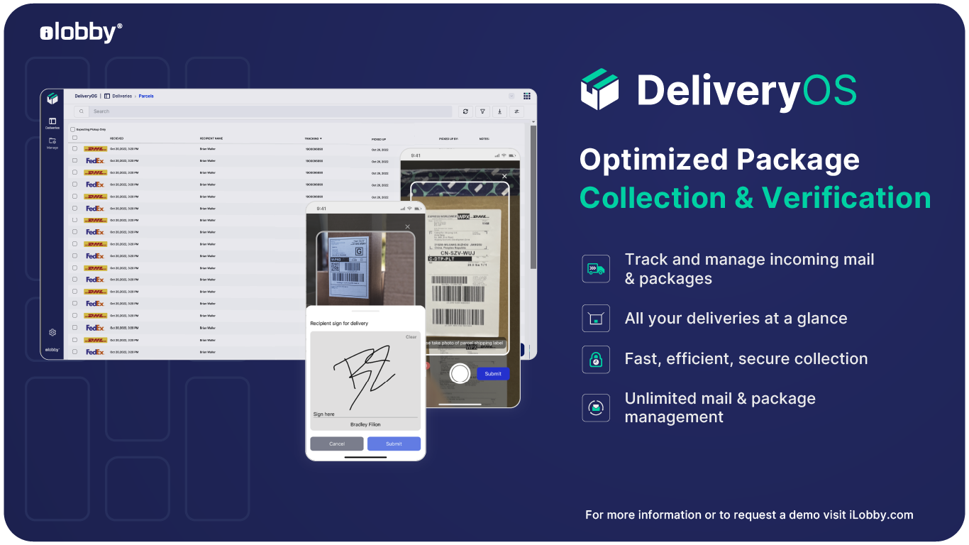 iLobby Software - Package and Delivery Management Solution - Track and manage deliveries at a glance, including incoming packages. DeliveryOS gives you confidence knowing the status and location of every package and mail item coming into your facility.