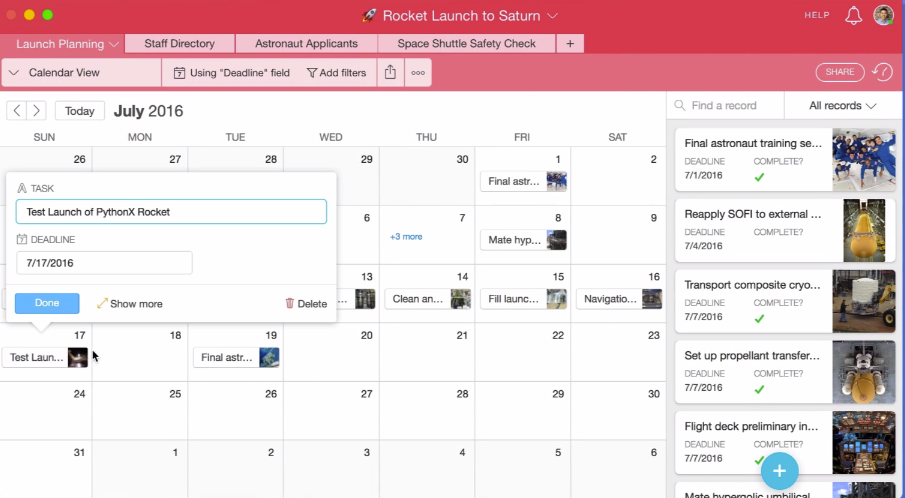 Airtable Software - View information and schedule tasks through calendar display