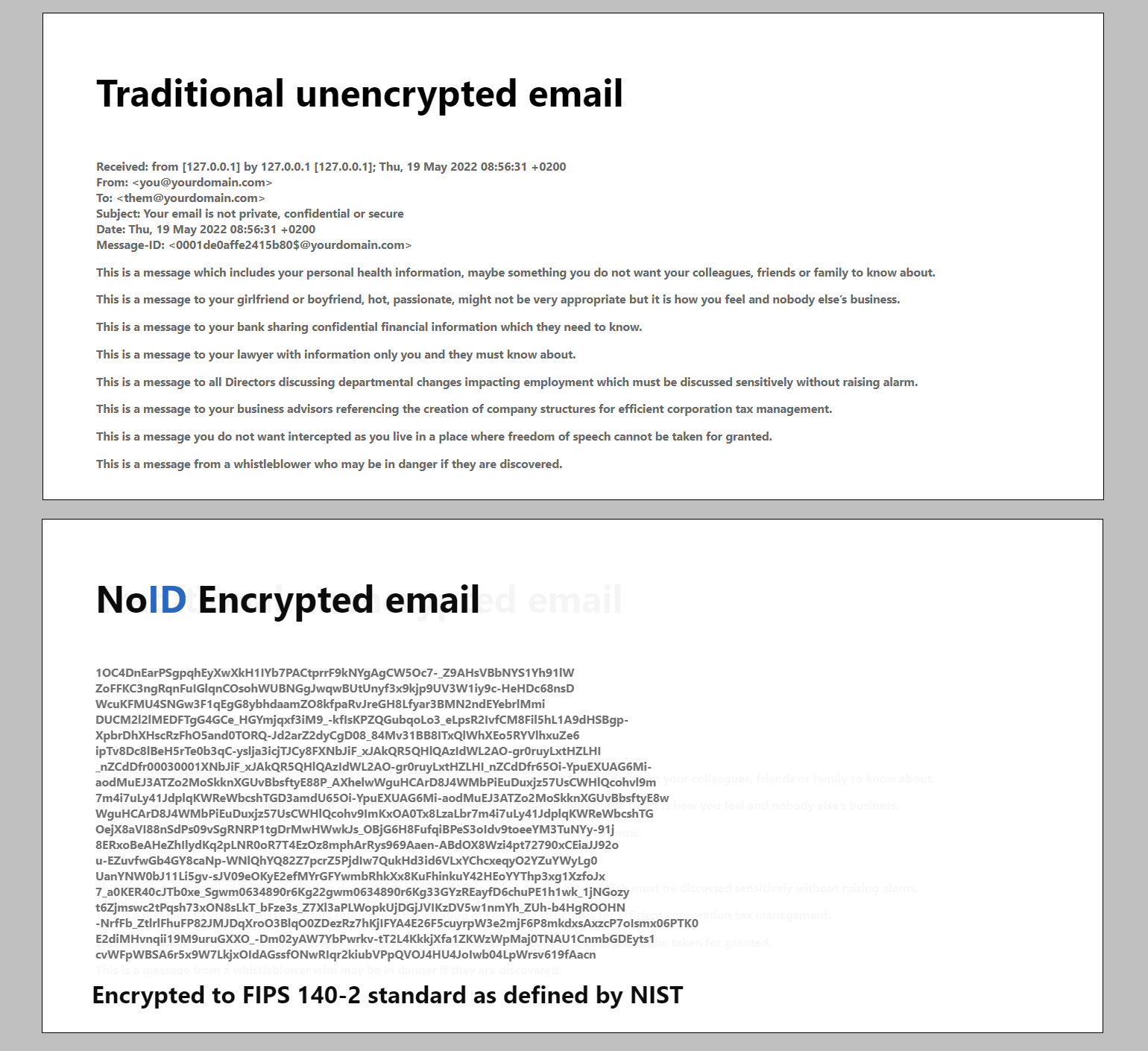 NoID screenshot: Traditional vs Encrypted email. What does encrypted email look like?