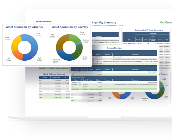 FundCount screenshot: Complex investment accounting and reporting made simple. Aggregate, track and report investment details across family entities quickly and easily with family office software from FundCount.