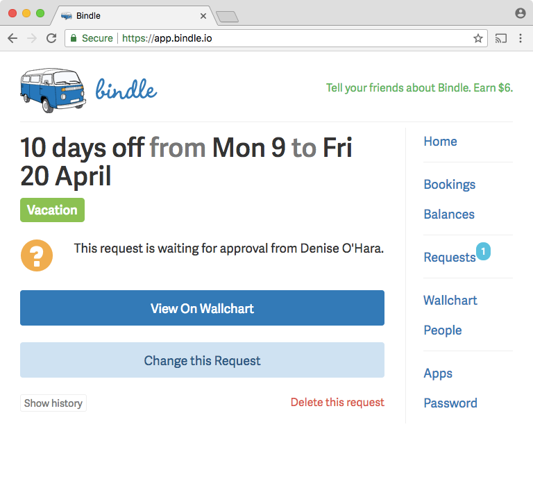 Bindle Software - The full history of approved, pending, and rejected time-off requests can be accessed by users in Bindle