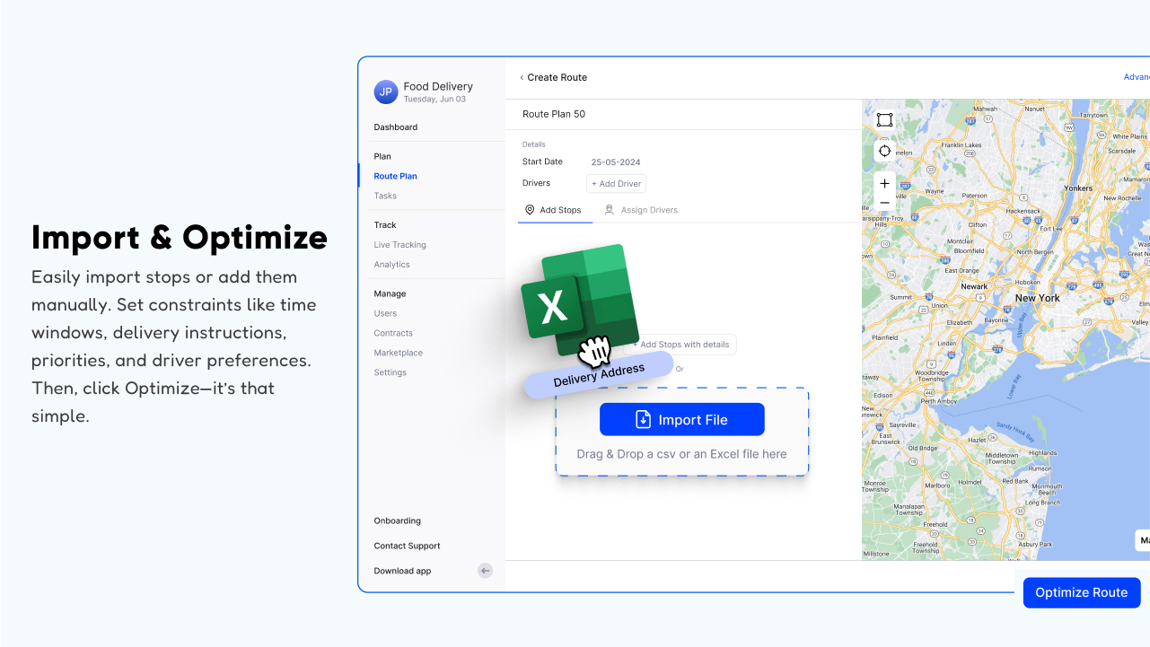 Upper Software - Easily import stops or add them manually. Set constraints like time windows, delivery instructions, priorities, and driver preferences. Then, click Optimize—it’s that simple.