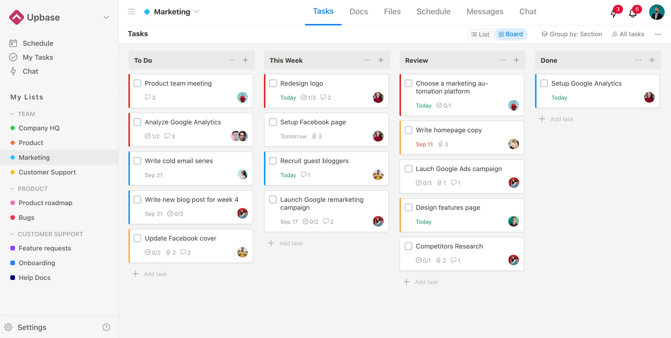 Upbase screenshot: Tasks - Board view