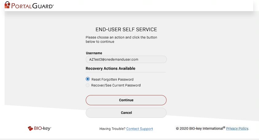 PortalGuard screenshot: PortalGuard End-User Self Service Password Reset