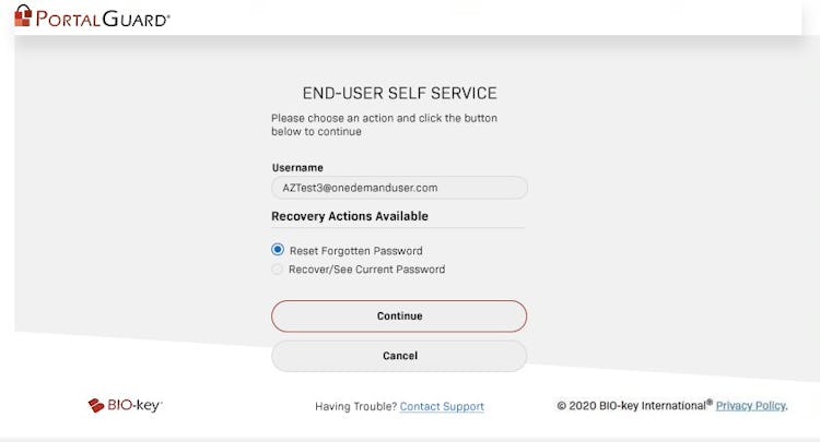 PortalGuard screenshot: PortalGuard End-User Self Service Password Reset