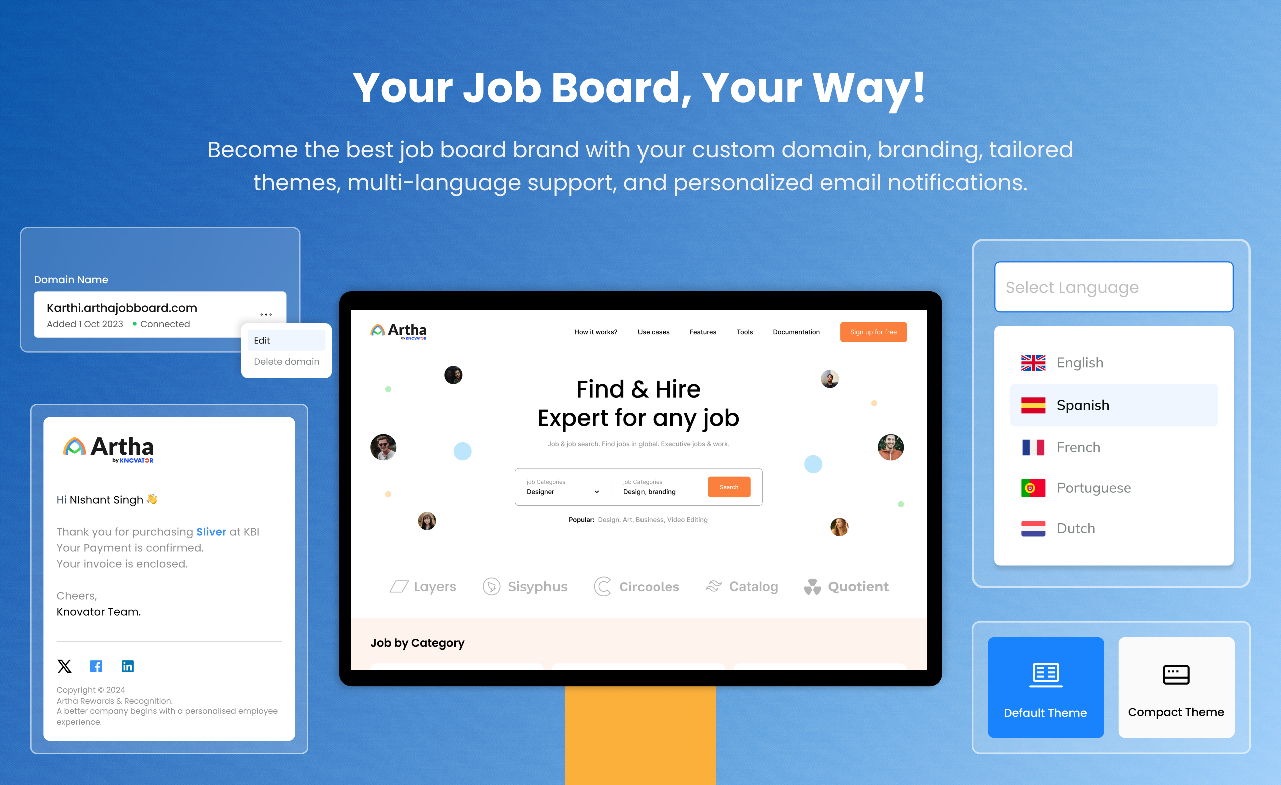 Your Job Board, Your Way!
Become the best job board brand with your custom domain, branding, tailored themes, multi-language support, and personalized email notifications.