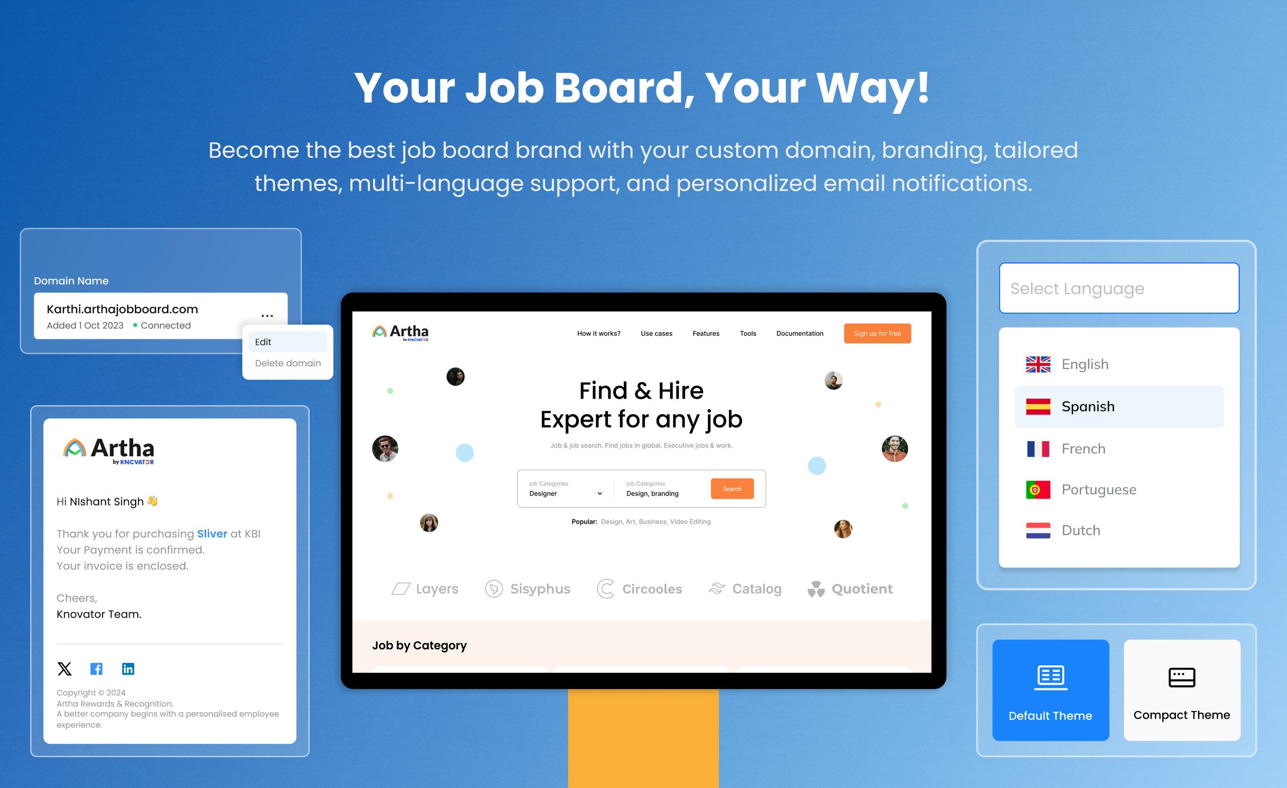 Artha Job Board Software - Your Job Board, Your Way!
Become the best job board brand with your custom domain, branding, tailored themes, multi-language support, and personalized email notifications.