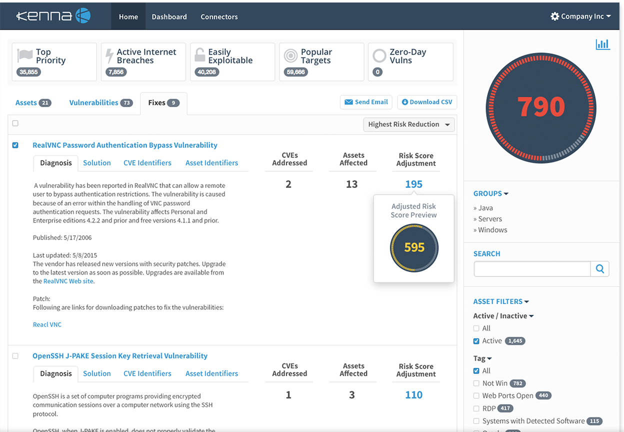 The Kenna dashboard