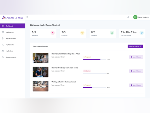 Academy Of Mine Software - Student Dashboard