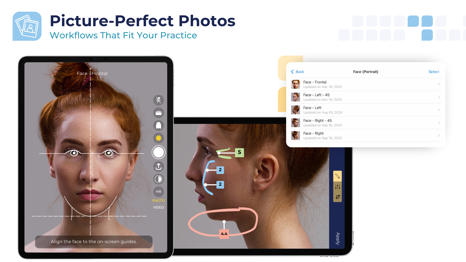 RxPhoto screenshot: Capture consistent images with customizable step-by-step workflows, on-screen guides, and ghost overlays.