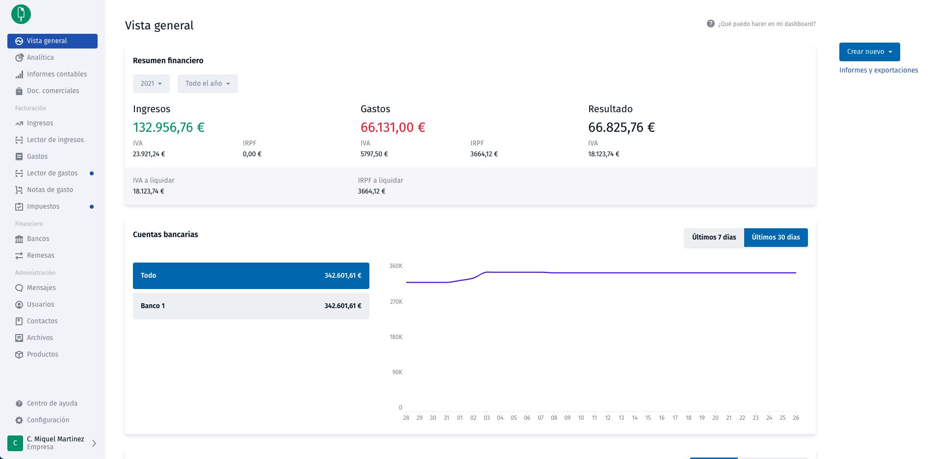 Quipu Software - *Vista General Quipu* Consulta en la Vista General el resumen financiero actualizado de tu negocio, las cuentas bancarias sincronizadas, los análisis de ingresos y gastos de forma detallada.