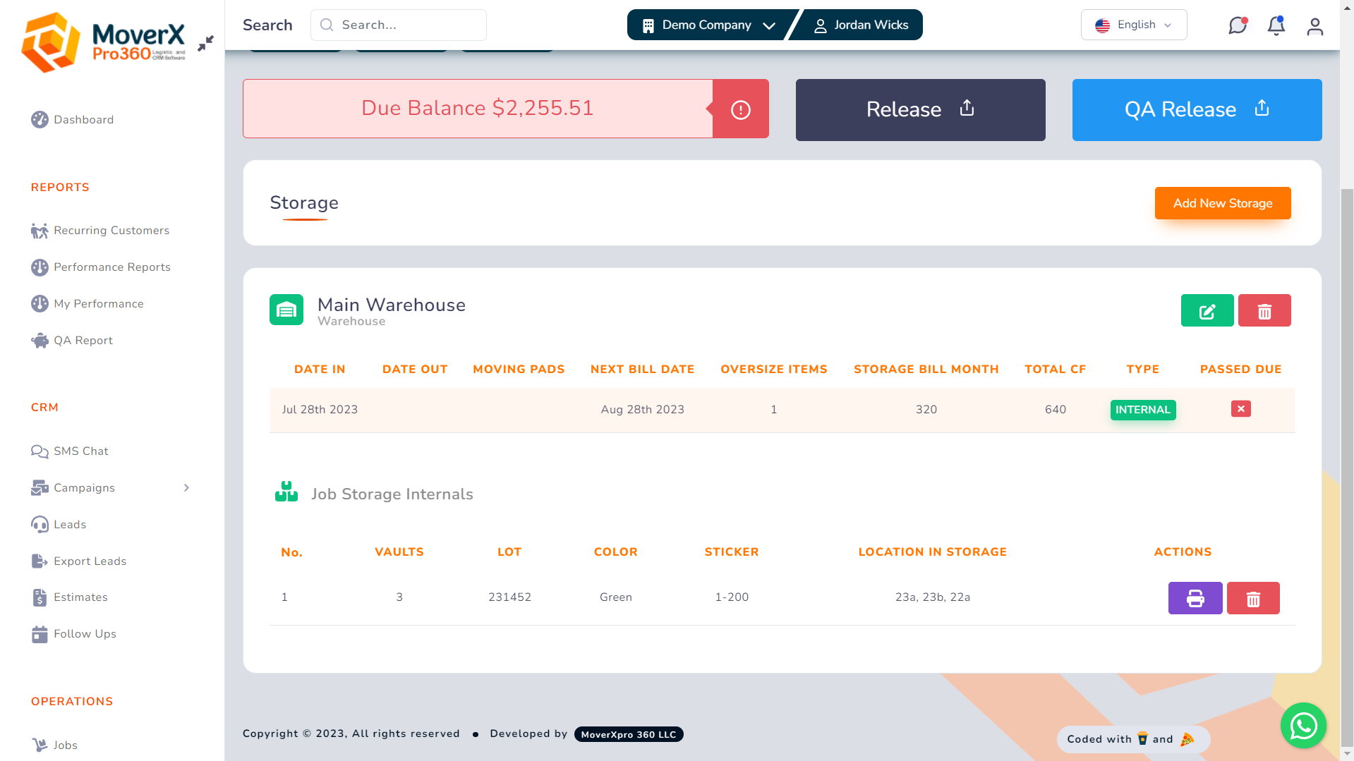 Moverxpro360 Software - MoverXpro 360 Estimate Storage Tab