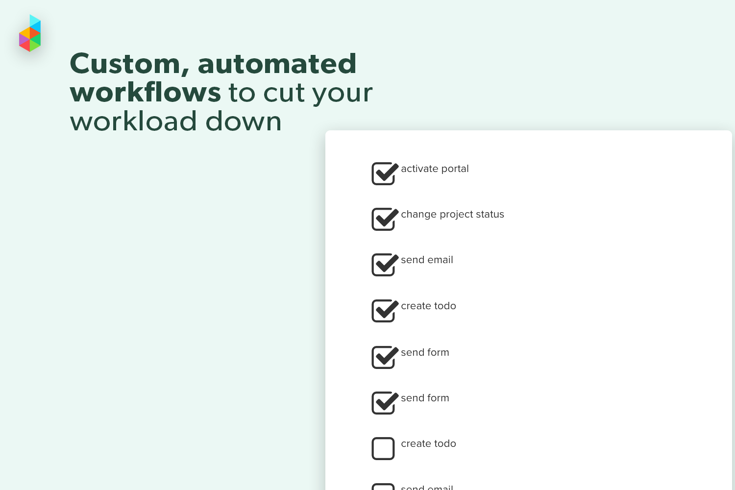 Dubsado Software - Text: "Custom, automated workflows to cut your workload down." Image: 8-step workflow with the first 7 checked to mark complete