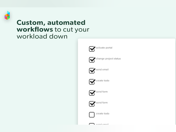 Dubsado Software - Text: "Custom, automated workflows to cut your workload down." Image: 8-step workflow with the first 7 checked to mark complete