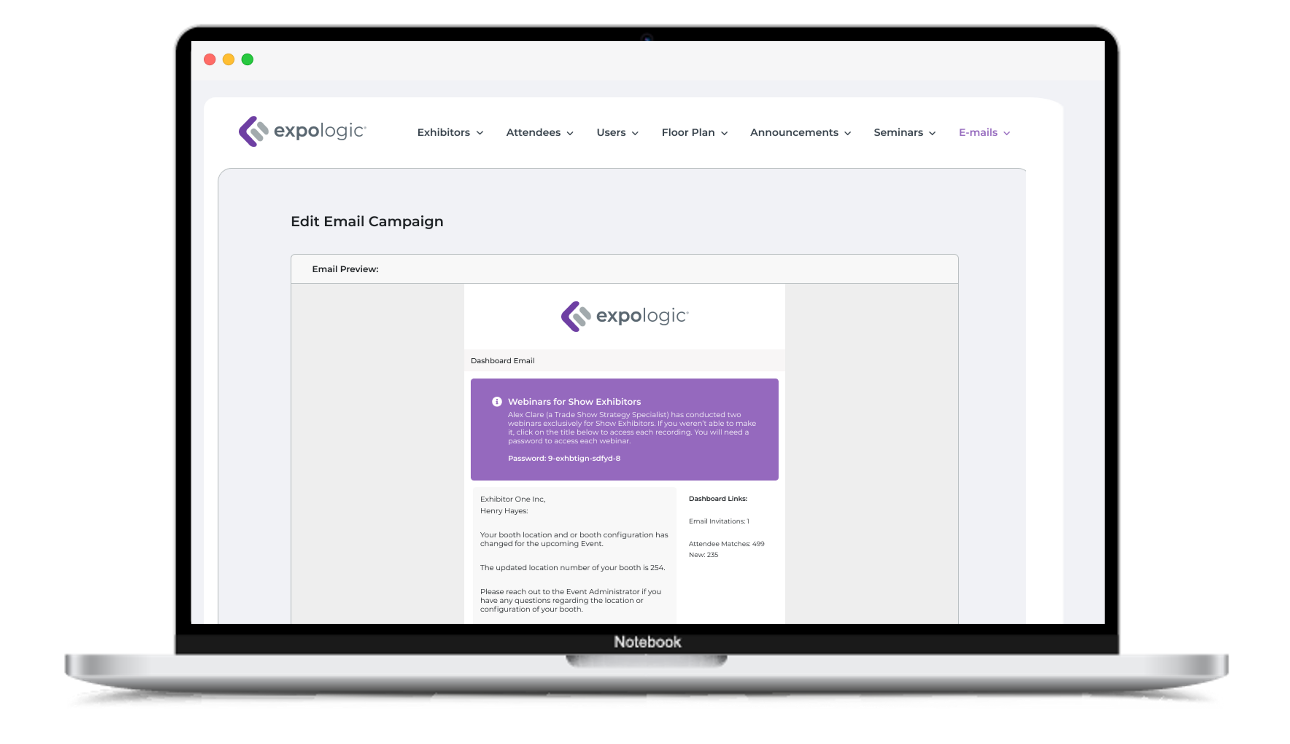 Expo Logic screenshot: Use expo management software to send e-blasts, email reminders, show newsletters and more from GoExpo.