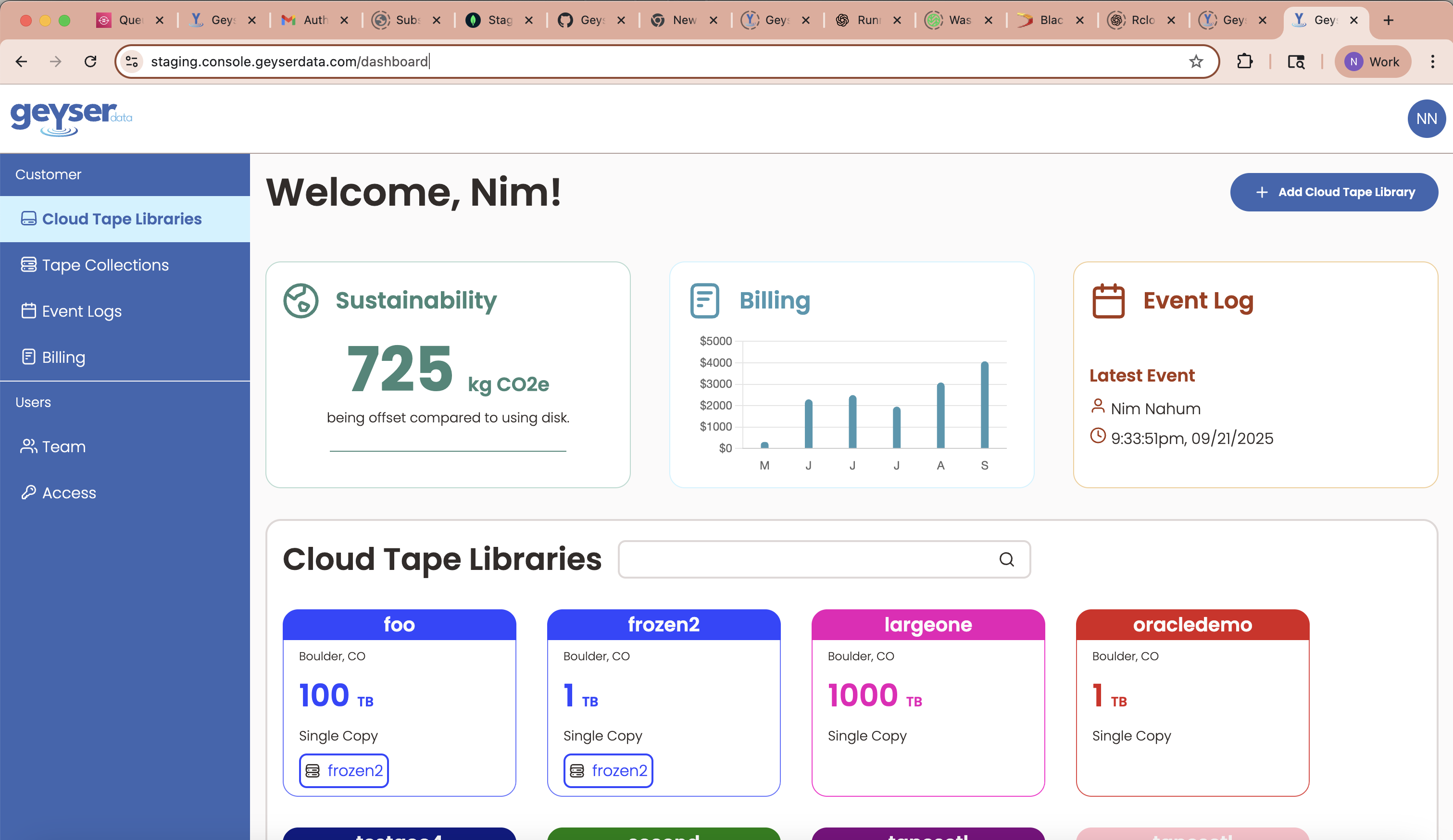 Geyser Data screenshot: Geyser Data Dashboard with Libraries/Buckets