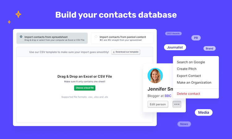 Prezly screenshot: No more Excel spreadsheets! Bring your contacts into Prezly and grow your relationships using Prezly's dynamic CRM and rich contact profiles.