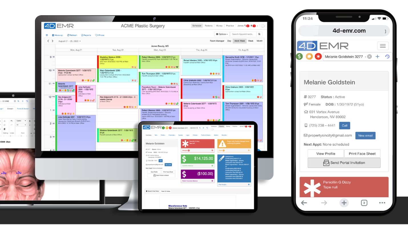 4D EMR screenshot: 4D EMR software works from any device with a web browser including PC, Mac, mobile phones and tablets