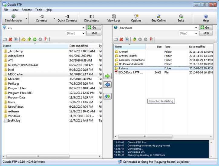 Classic FTP File Transfer Software interface