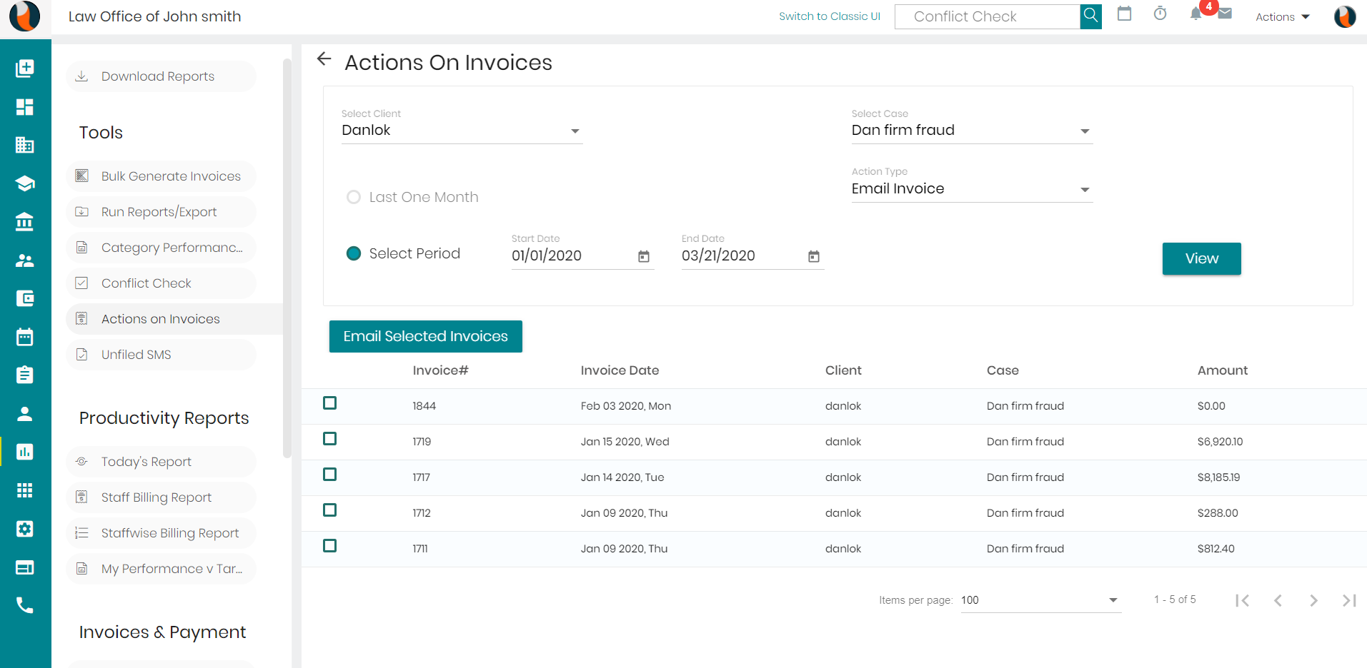 CaseFox Software - Screenshot of Action on invoices