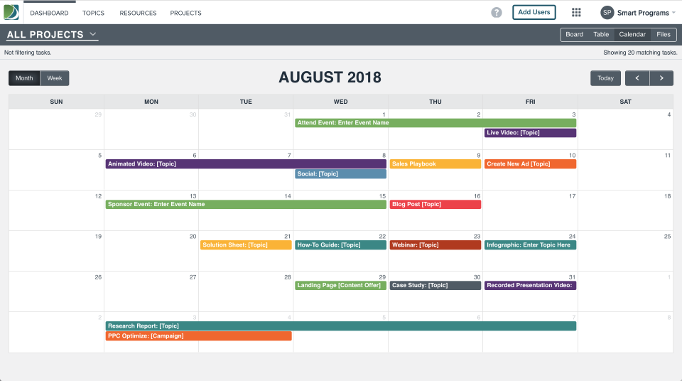 The calendar shows a color-coded view of all tasks and projects