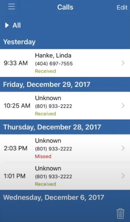 XM Connect screenshot: XM Connect call history
