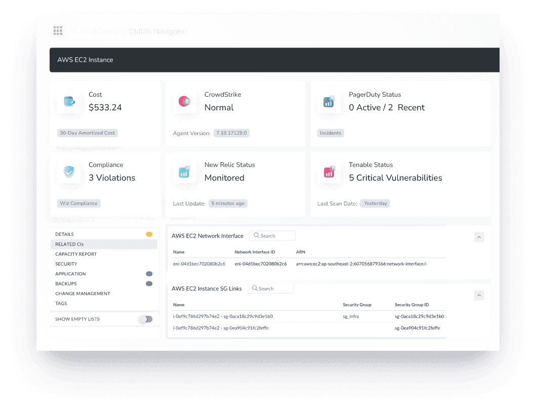 Cloudaware screenshot: Cloudaware delivers a 360° view of any cloud asset—cost, compliance, incidents, vulnerabilities, and tool integrations—all in one place. Instantly see how an asset is performing and how it's connected across your environment for full operational clarity.