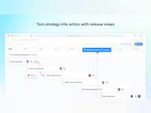 airfocus Software - Turn strategy into action with release views: Take a closer look at how your strategy is developing with a timeline view. Coordinate cross-team dependencies and remove blockers, ensuring a smooth process for everyone involved.