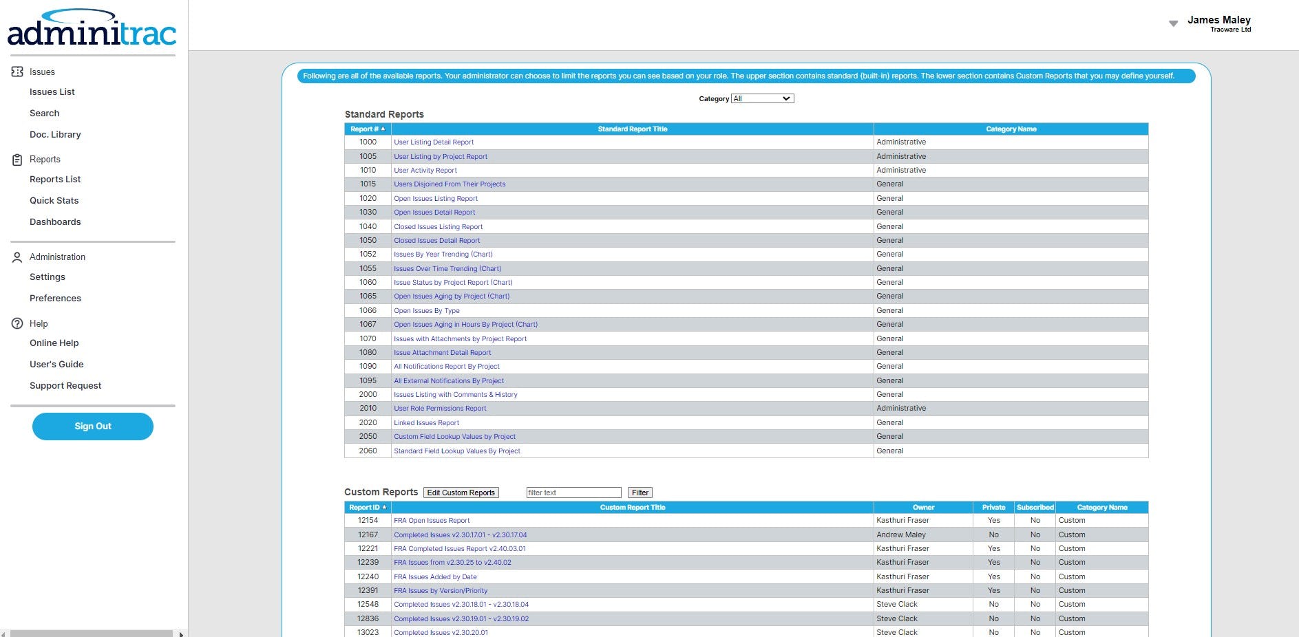Adminitrac Software - Report List