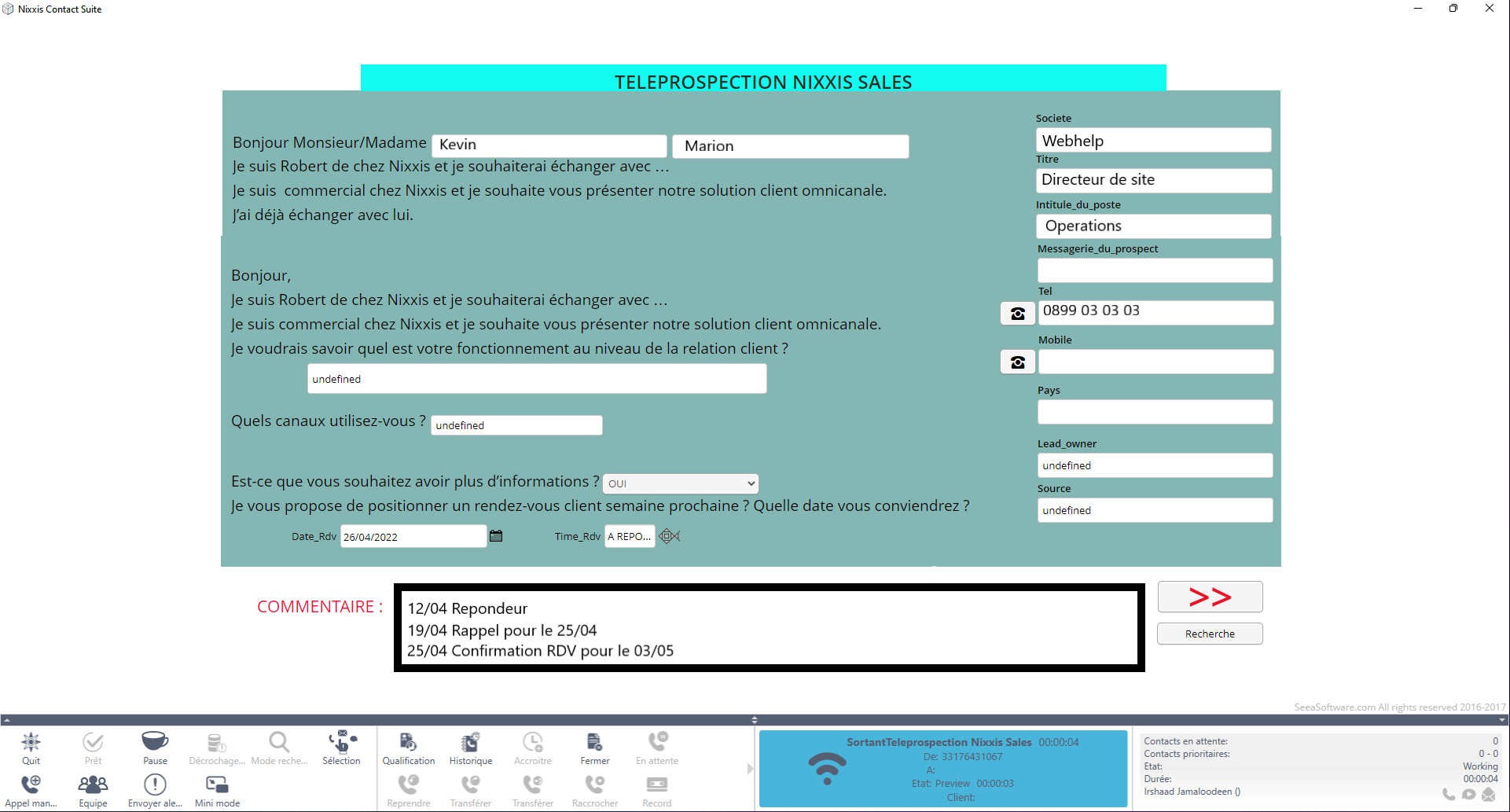 Nixxis Contact Suite screenshot: Agent mode determines agents current state and availability to receive incoming & outcoming calls via Automatic Call Distribution (ACD). Agents can also transfer calls from one agent to another.