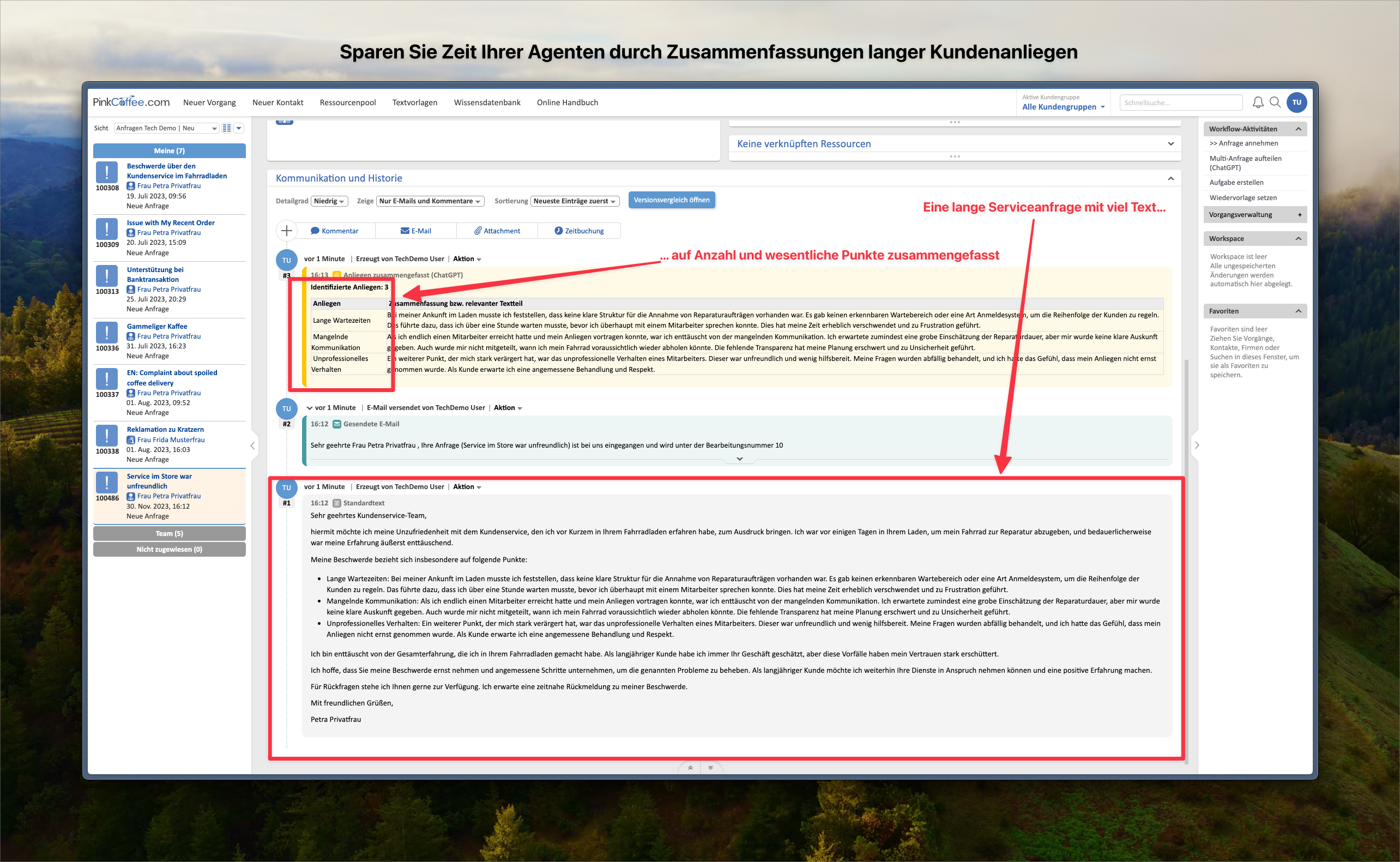 ConSol CM/AI Assist screenshot: Die ChatGPT-Integration CM/AI Assist fasst auf Knopfdruck sehr lange E-Mails in ihren Kernaussagen zusammen und unterteilt diese in Unterpunkte