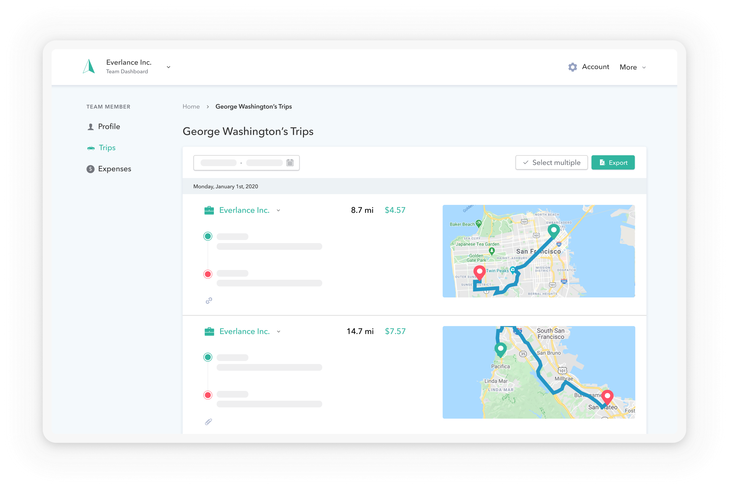 Everlance Software - Central admin dashboard shows employee trips and expense reports