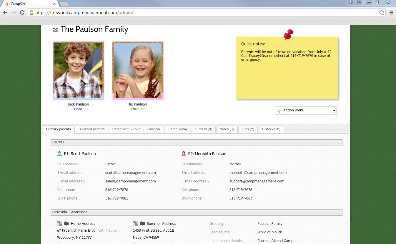 CampSite Software - CampSite’s profile pages contain detailed information about each camper and staff member along with a photo and their current status within the camp.