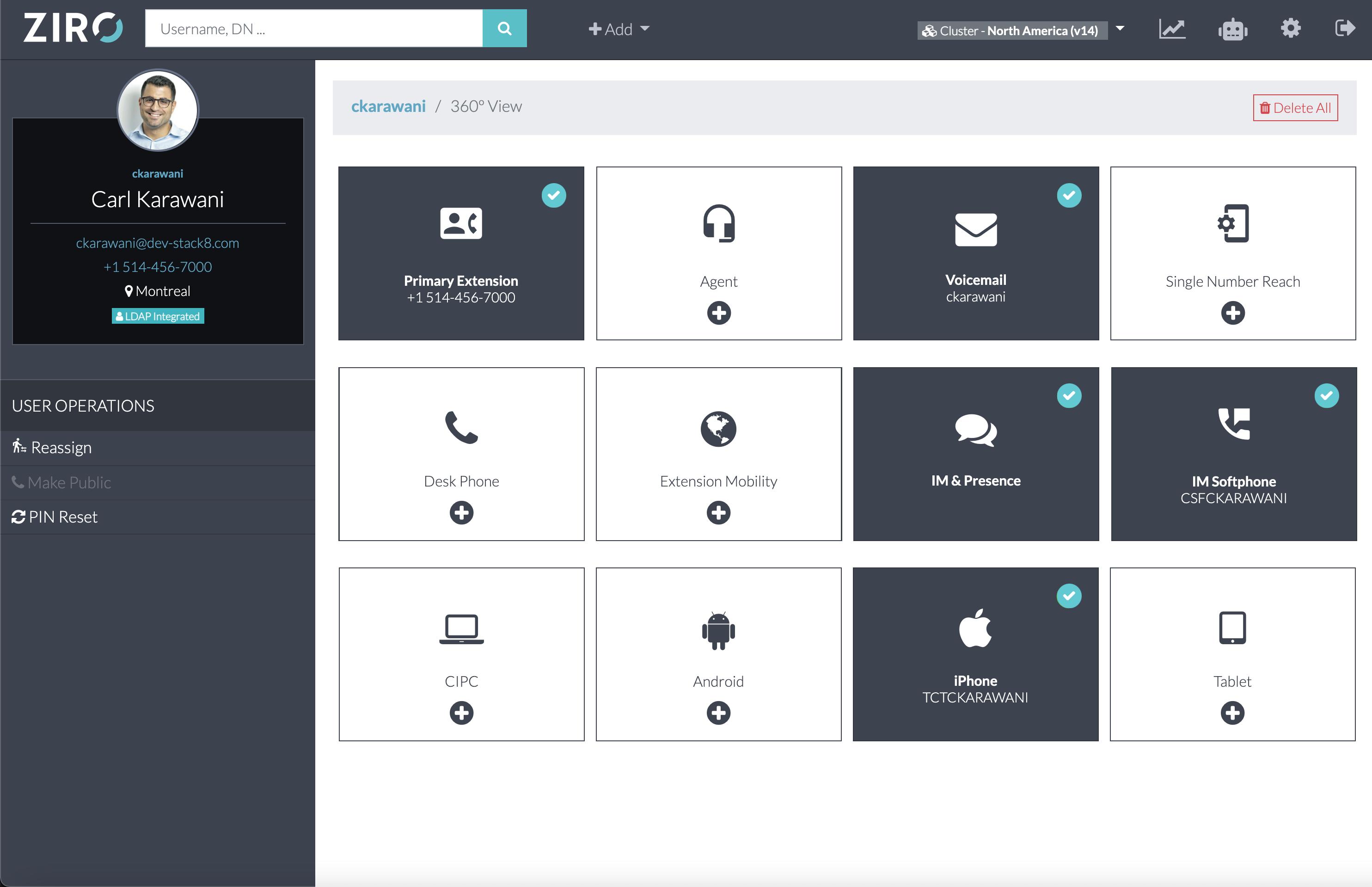 ZIRO screenshot: ZIRO Provisioning Cisco UC dashboard