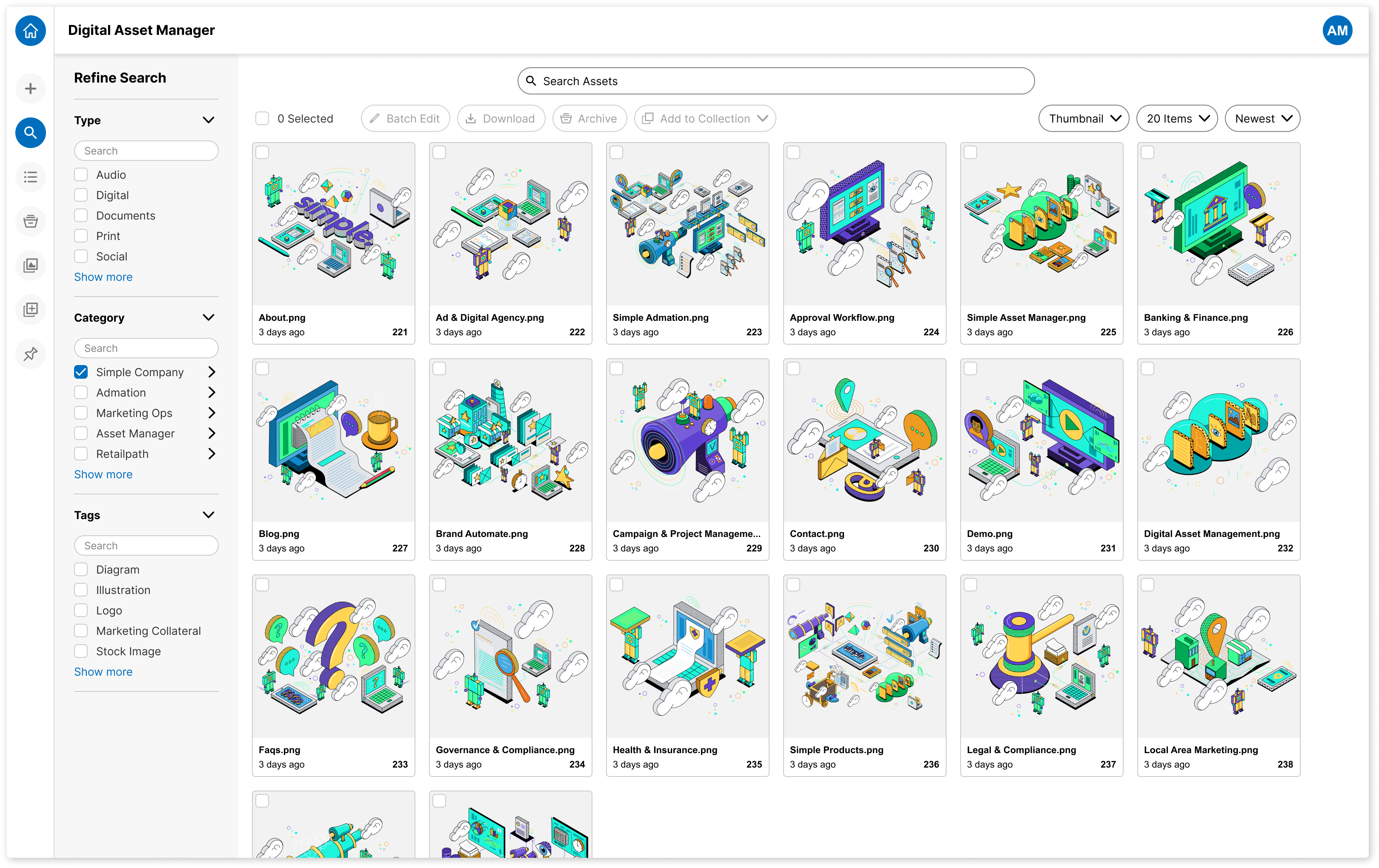 Simple Asset Manager screenshot: Centralised storage of Brand Assets with powerful search capability and features for categorising and tagging assets.