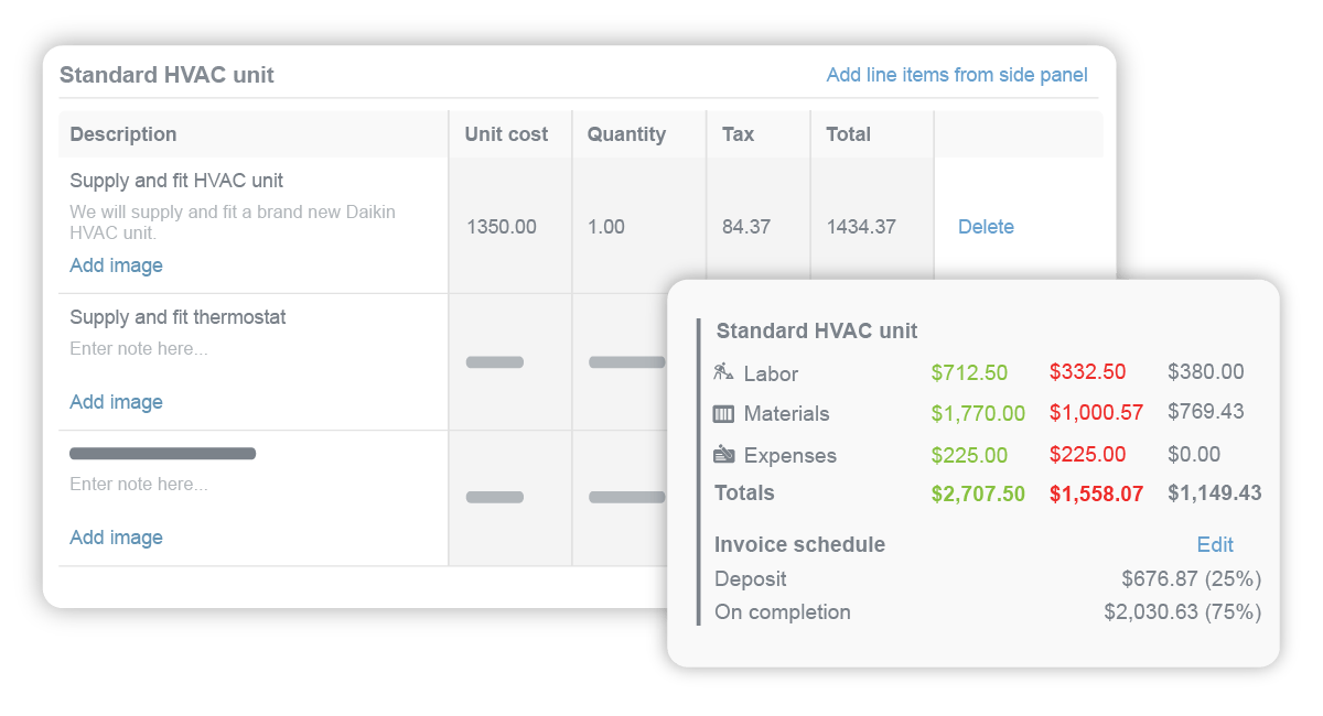 Gain clarity on financials. Every proposal in Commusoft keeps track of your margins, including materials, labor, and other expenses, so you can see how much profit is projected.