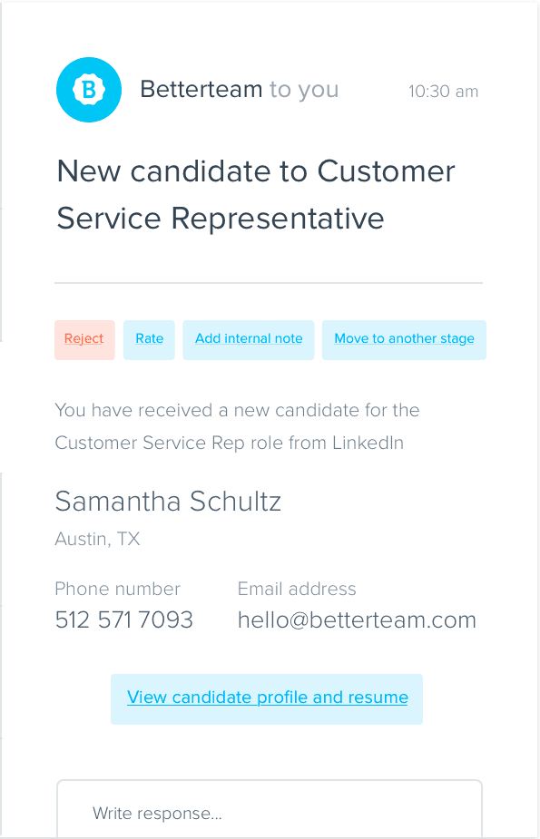 Betterteam Software - Users can also take action on candidates from within their email inbox
