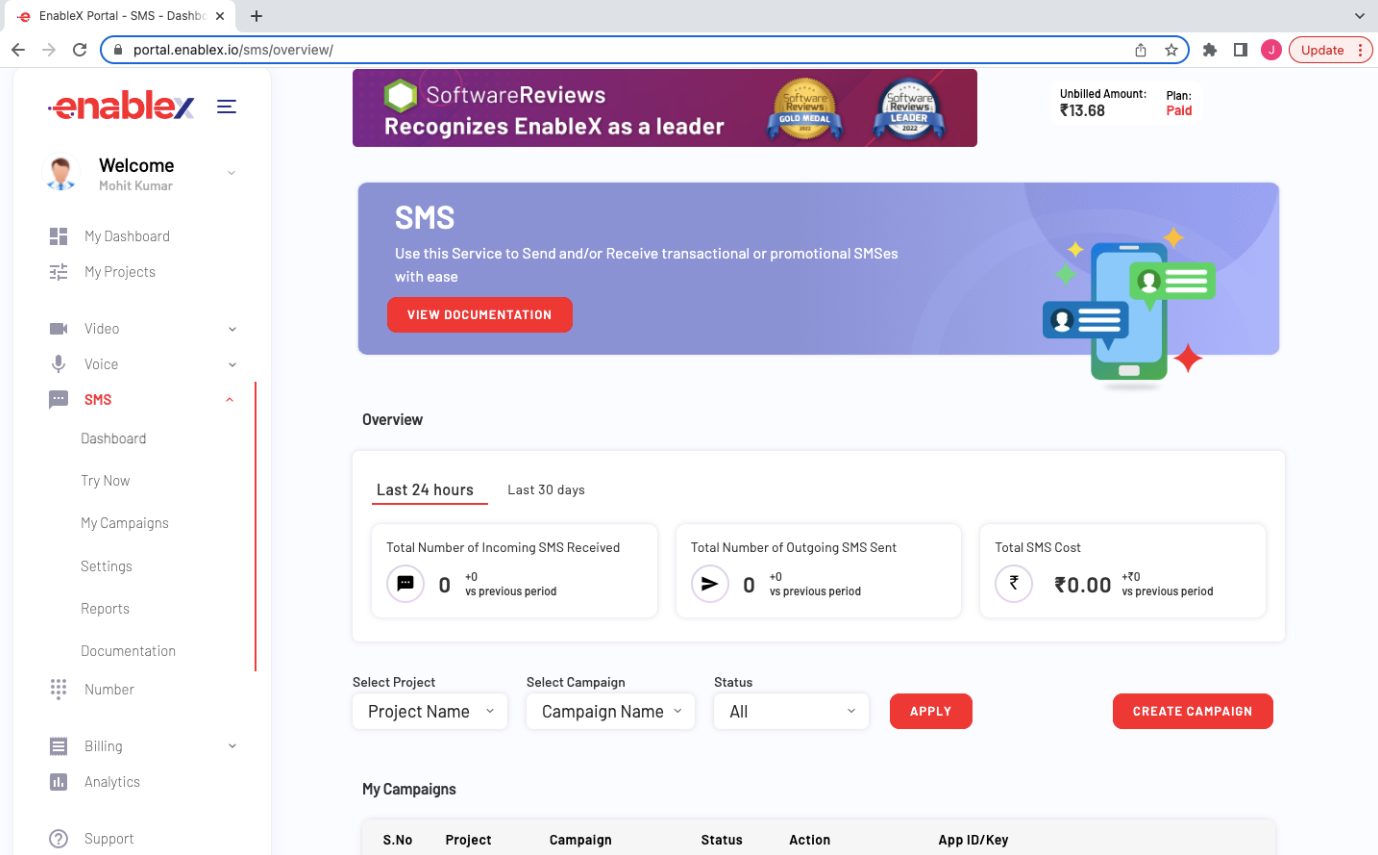 SMS Dashboard - A screenshot of SMS services, purchase of shortcodes, and self-service configurations