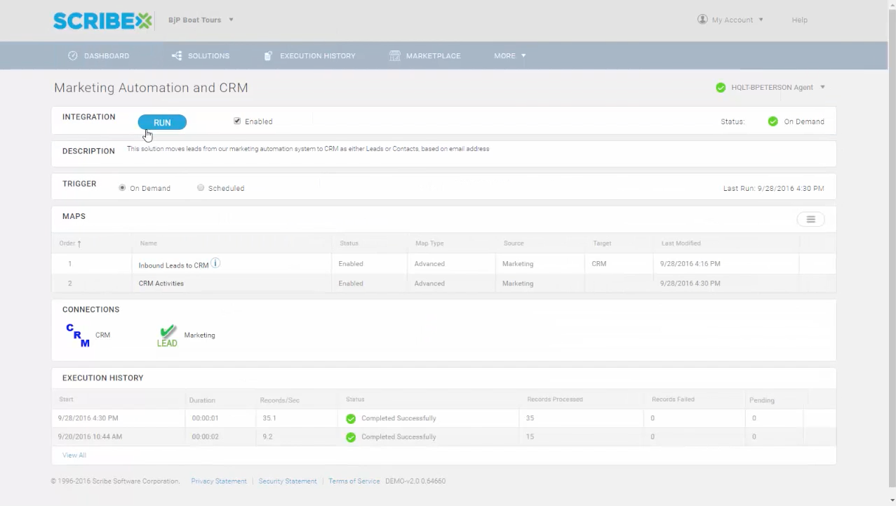 Run integrations, track connections, and view the execution history