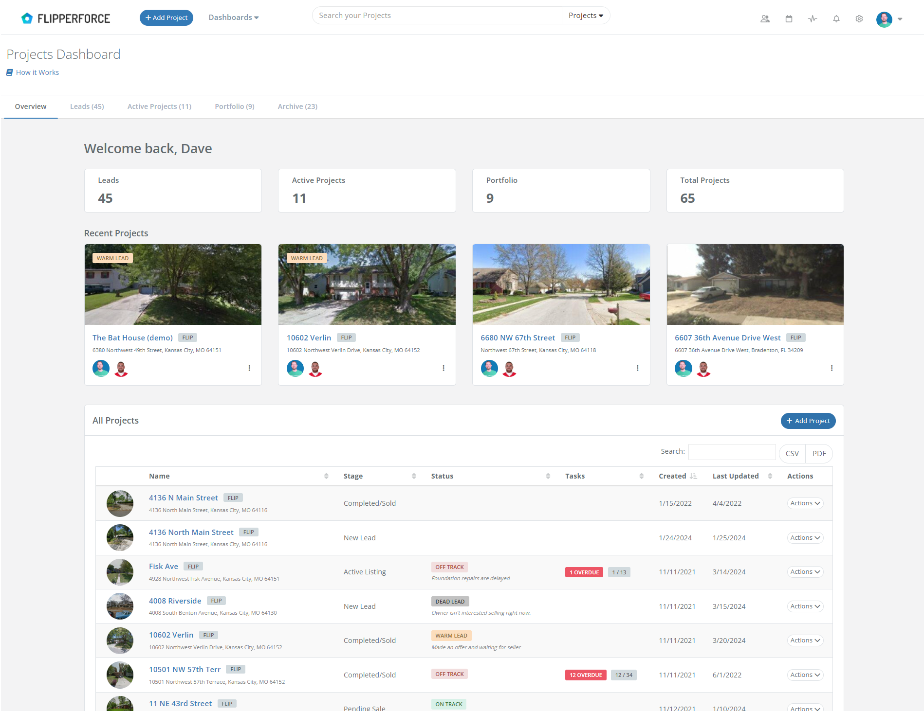FlipperForce screenshot: Main project dashboard for managing all of your rehab projects