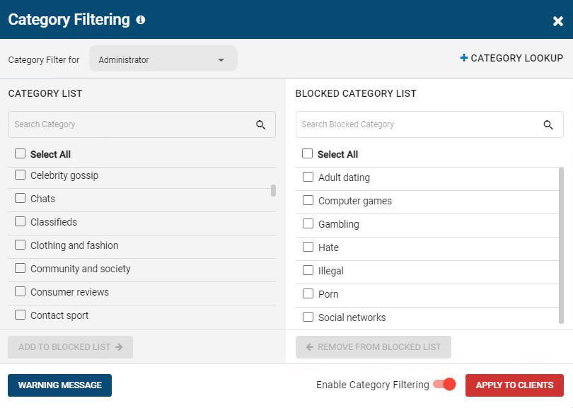 BrowseControl by CurrentWare screenshot: Block website content categories with BrowseControl’s category filtering feature. More than 10,000 new domains are added each day, making it simple to block distractions and security risks even as new sites emerge.