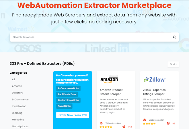WebAutomation screenshot: WebAutomation Pre-defined Data Extractor Marketplace