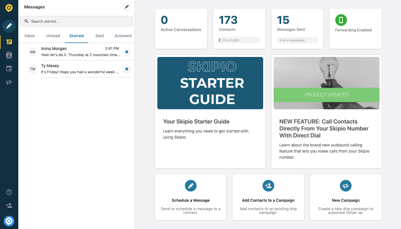 Skipio screenshot: The Skipio Message Center and inbox dashboard and featured articles