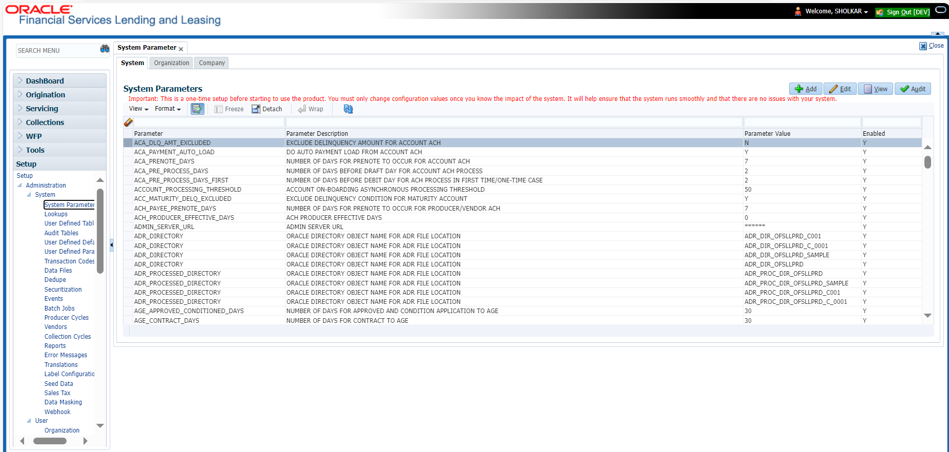 Lending & Leasing as a Service (LLaaS) screenshot: OFSLL - System Setup Screen