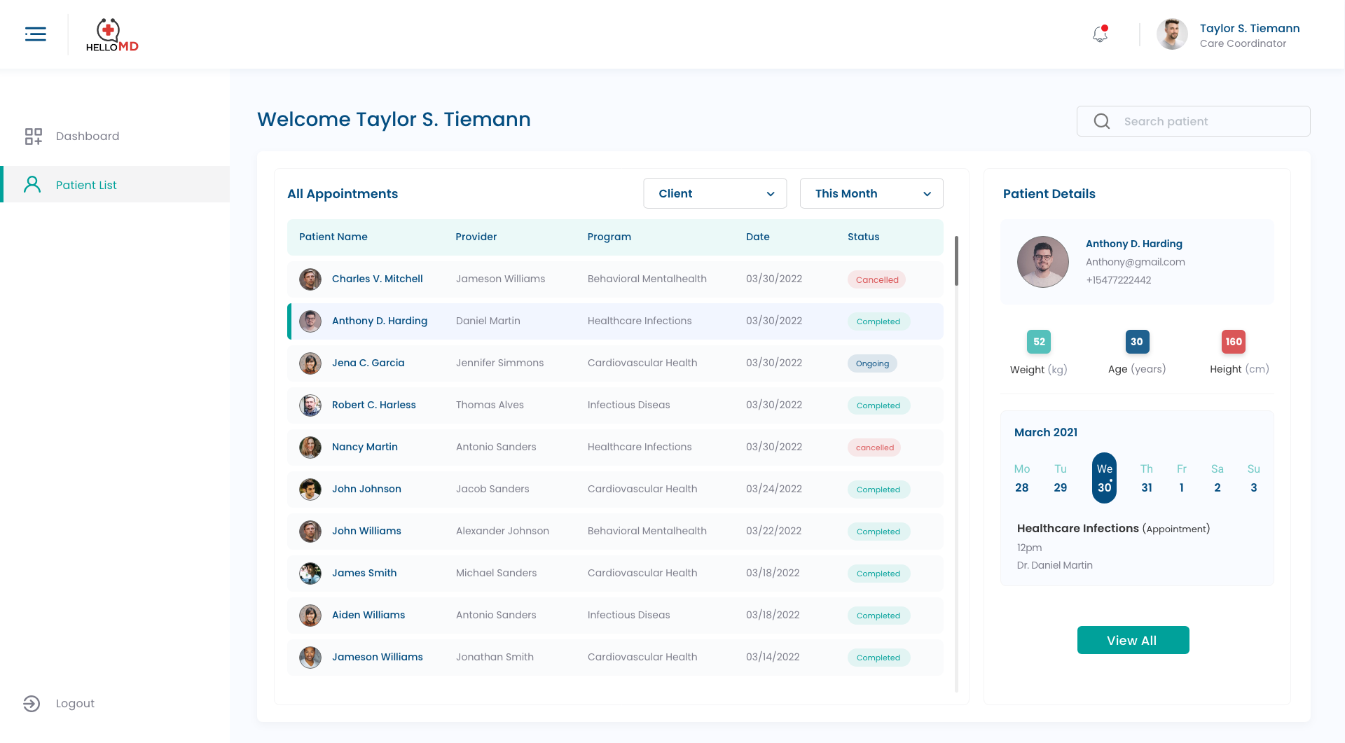 Complete view of patient list, overview of individual details, and current patient appointment status.