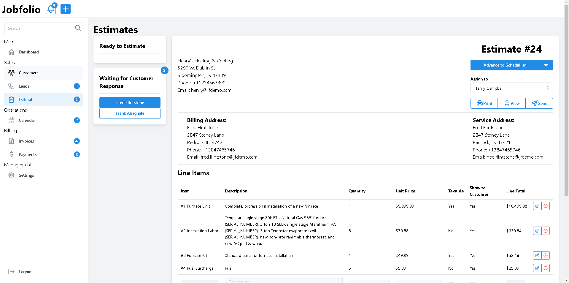 Creating an estimate is easy with a quick dropdown menu of billable items and pre-filled descriptions. Customers can review and accept estimates all on their own, so you don't have to chase them down!
